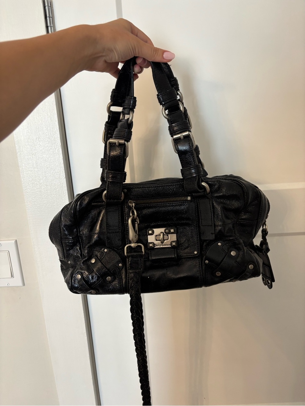 Vintage Y2K Juicy Couture Black Leather Shoulder Bag with Silver Hardware